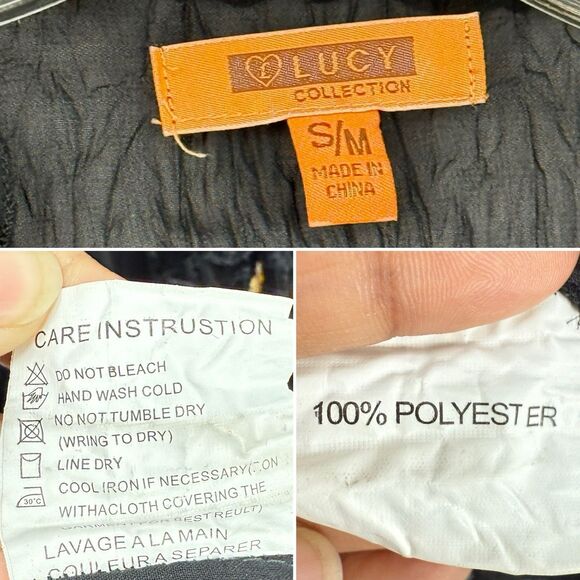 Lucy Collection Black Sheer Ruffle Beaded Tie Front Blouse Top S/M Boho Party - Picture 8 of 16